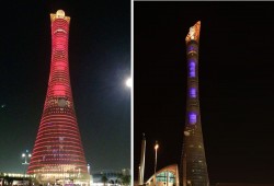 برج الشعلة في قطر يكتسي باللون الأحمر تضامنًا مع مدينة حلب