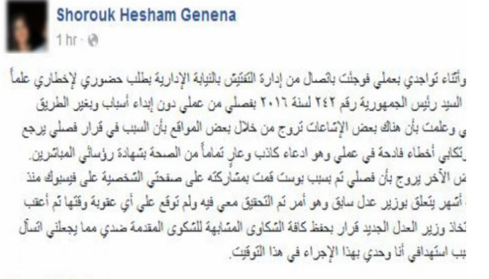 رد نجلة "هشام جنينة" على قرار السيسي بإحالتها للصلاحية