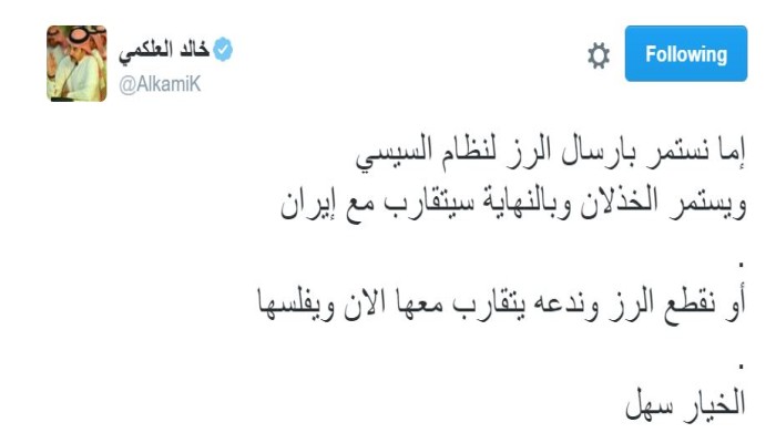 كاتب سعودي: سنندم على دعم نظام السيسي بـ"الرز"
