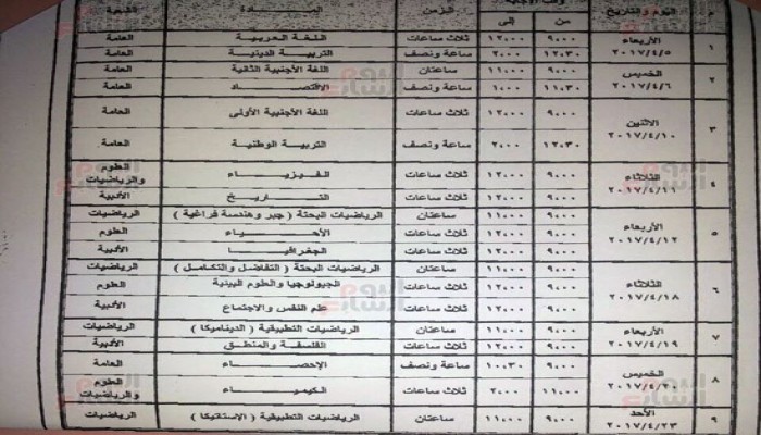 جدول الامتحانات التجريبية فى البوكليت الثالث للثانوية العامة