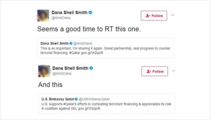سفيرة أميركا بالدوحة تعيد نشر تغريدات داعمة لقطر