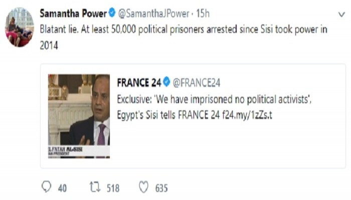 مكذبة السيسي.. سفيرة أميركا بالأمم المتحدة: قام باعتقال 50 ألف مصري منذ 2014