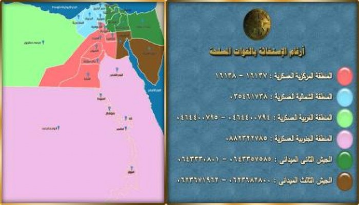 المتحدث العسكرى ينشر أرقام الاستغاثة الخاصة بالجيش بأنحاء الجمهورية