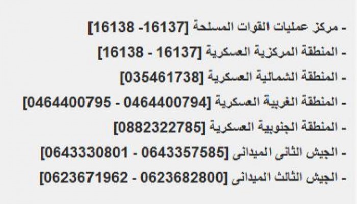 أرقام الاستغاثة الخاصة بالجيش بأنحاء الجمهورية