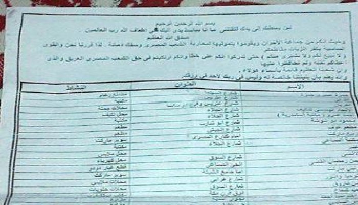 "السيسي" يجر البلاد للعنف: منشورات بكفرالزيات تطالب بمقاطعة الإخوان والاعتداء عليهم