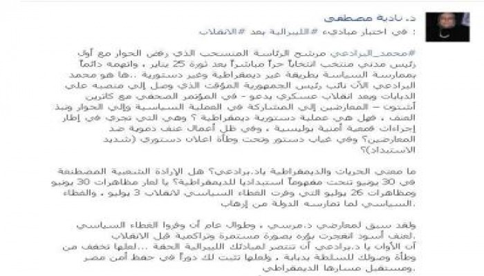 نادية مصطفي للبرادعي: آن الآوان أن تنتصر لليبرالية الحقة