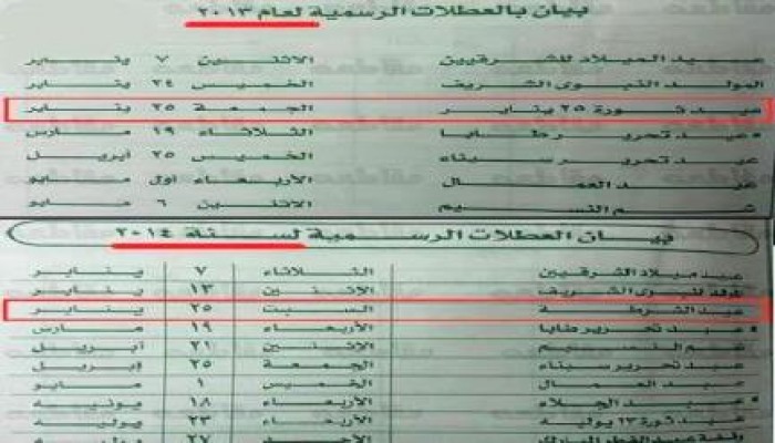 الحكومة الانقلابية تلغي ثورة يناير من العطلات الرسمية
