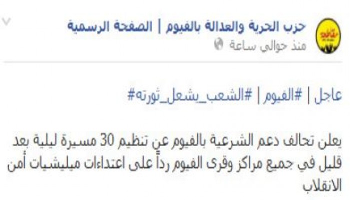 "الشعب يشعل ثورته": دعم الشرعية بالفيوم ينظم 30 مسيرة ليلية ردا على اعتداءات الداخلية