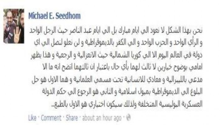 مايكل سيدهم :  نحن بهذا الشكل لا نعود الي ايام مبارك بل الي ايام عبد الناصر