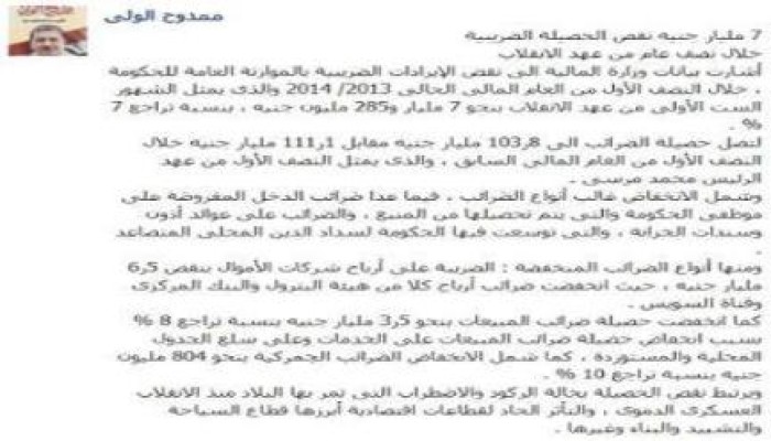 ممدوح الولى : 7 مليار جنية نقص الحصيلة الضربية خلال نصف عام من الانقلاب