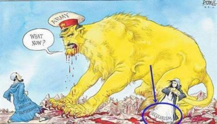 كاريكاتير الانقلاب  في عيون العالم حرب علي الإسلام دعما للعلمانية
