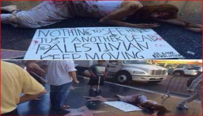 إسبانية تعتصم بممشى النجوم في ‫هوليوود‬ بأمريكا للتعبير عن تضامنها مع غزة!