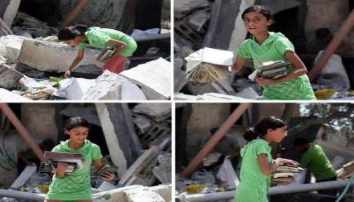بالصور : طفلة تلملم اغراضها بعد قصف منزلهم بغزة !