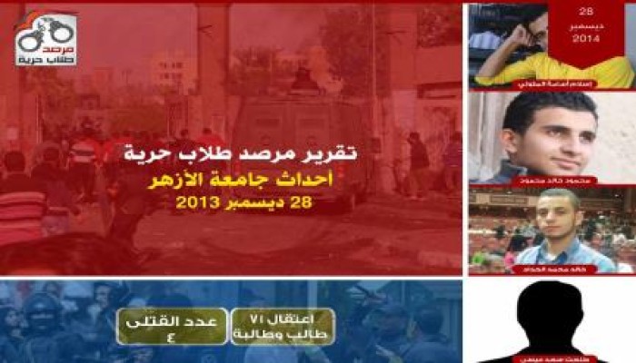 مرصد طلاب حرية: 4 شهداء واعتقال 71 طالب وطالبة حصيلة اقتحام الأزهر في 28 ديسمبر 2013