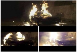 بالصور : مجهولون يحرقون سيارة شرطة بأكتوبر ويتوعدون الانقلابيين بالمزيد