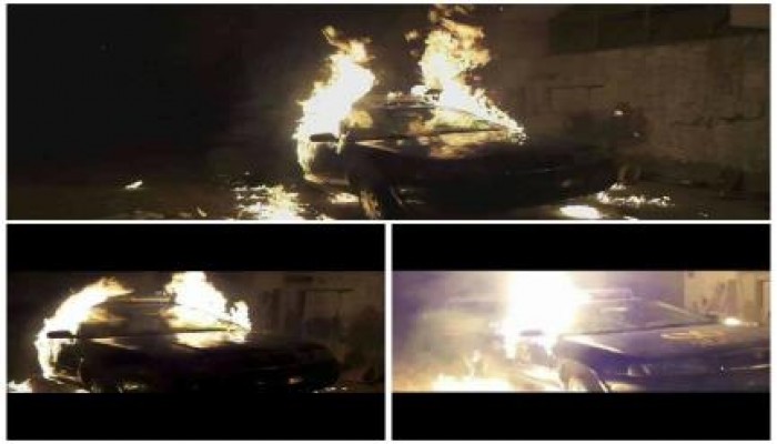 بالصور : مجهولون يحرقون سيارة شرطة بأكتوبر ويتوعدون الانقلابيين بالمزيد