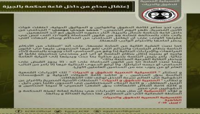 "التنسيقية المصرية" اعتقال محام من داخل قاعة محكمة بالجيزة إهانة للسلطة القضائية (بيان)