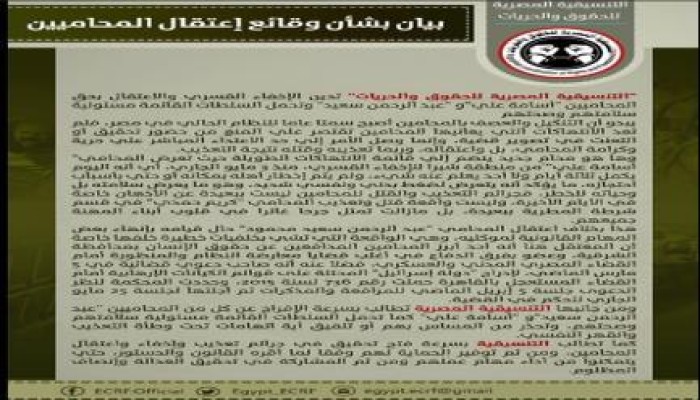 بيان من التنسيقية المصرية للحقوق و الحريات  بشأن إعتقال محاميين أثناء تأدية عملهم