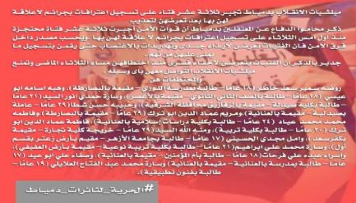 ميلشيات الانقلاب بدمياط تجبر ثلاثة عشر فتاه على تسجيل اعترافات  تحت التهديد والتعذيب