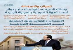 إنفوجراف|| الضرائب والاستدانة... وسائل السيسي لتوفير 70 مليار دولار لسد الفجوة التمويلية بالموازنة الجديدة