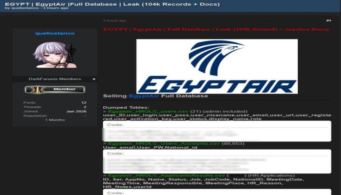 في طابونة السيسي...هاكر ببيع "قوائم ركاب" وبيانات "مصر للطيران" بعد اختراق الأمن السيبراني